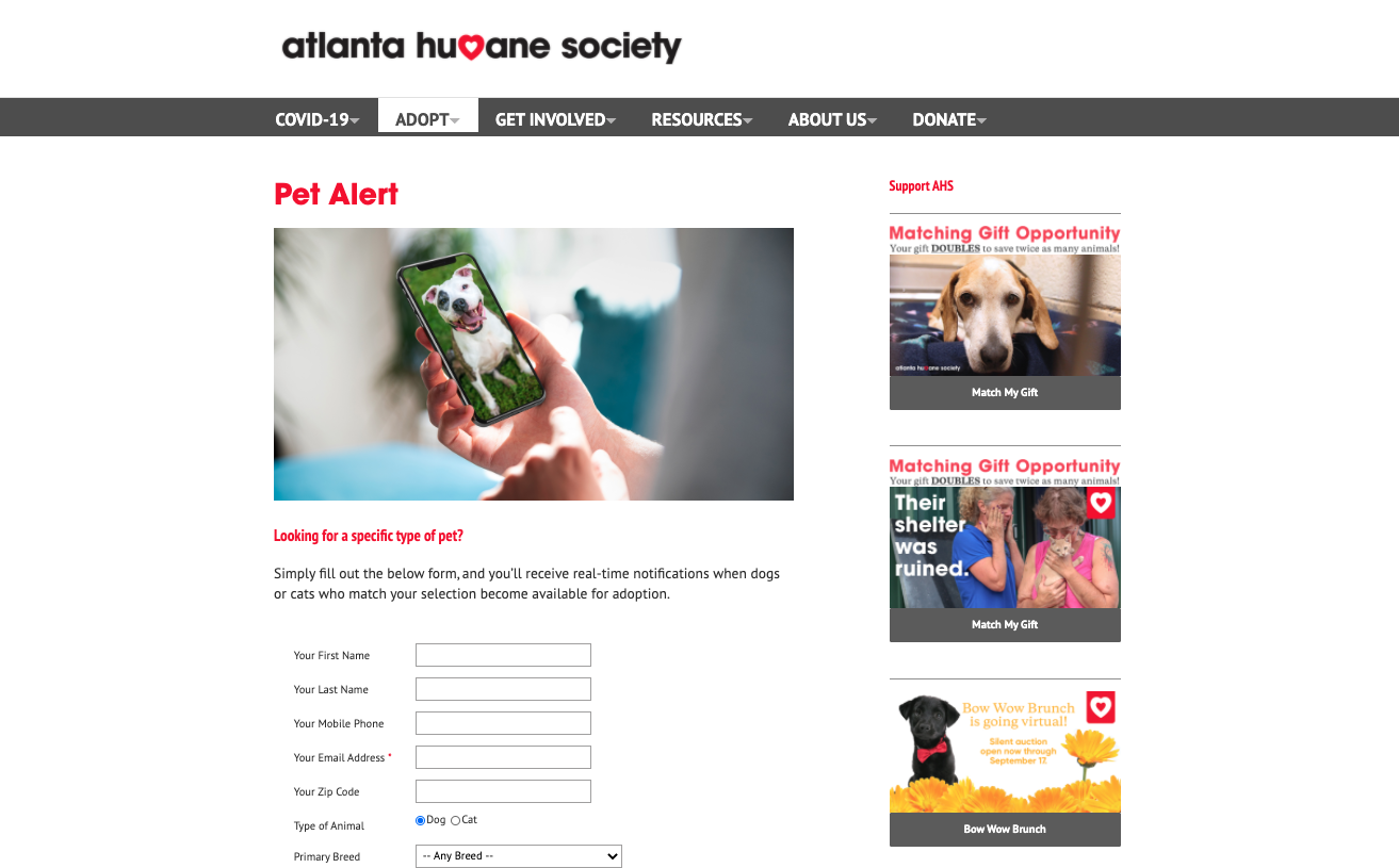 Atlanta Humane Society Pet Alert sign up page